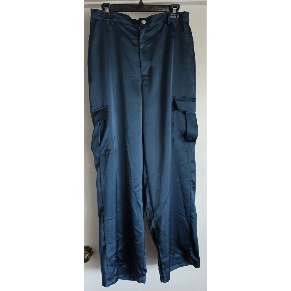 ELC Cargo Pants Women XL Teal Satin Streetwear Jogger Trousers Casual